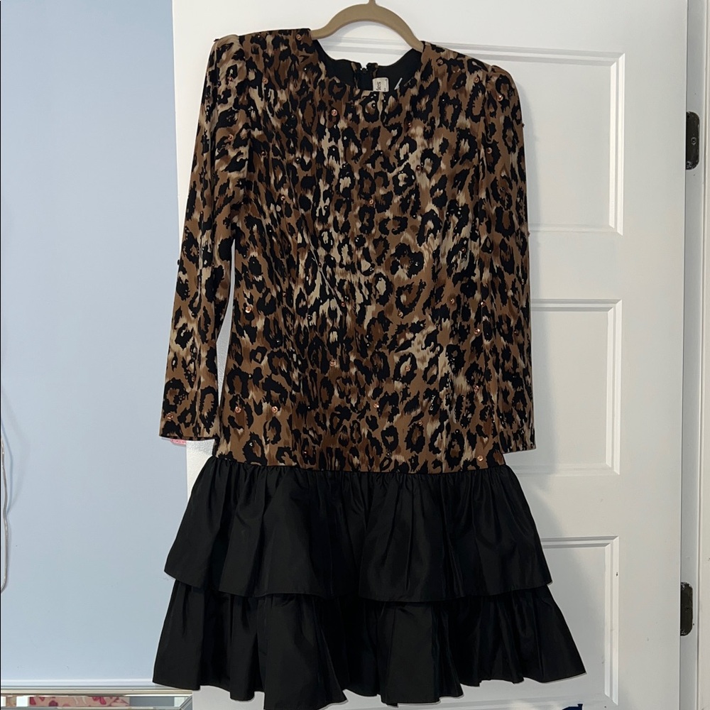 Vintage 80s leopard print drop waist ruffle party dress w sequins!